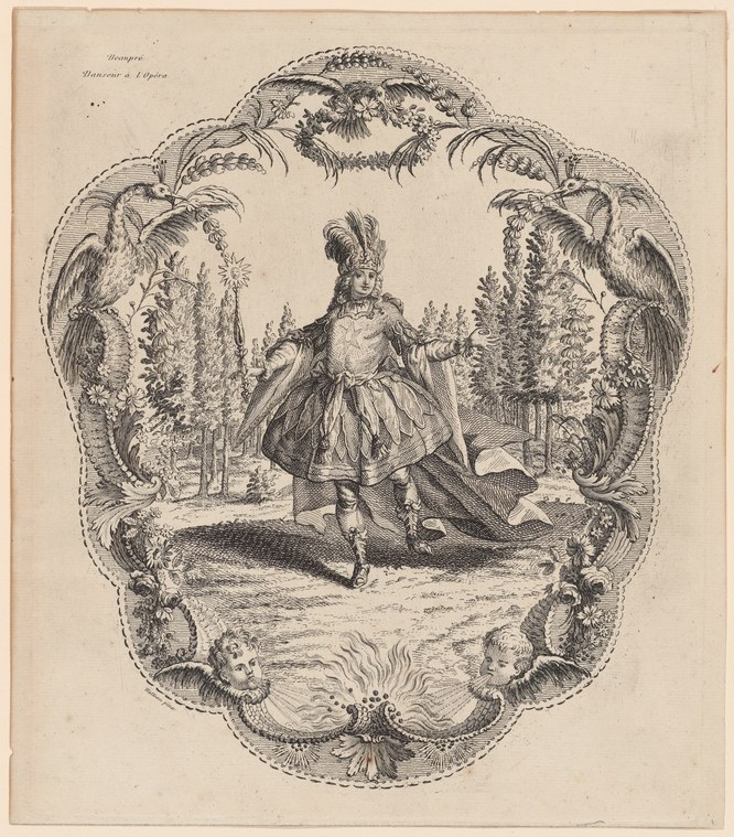 Line engraving of a man in elaborate Baroque court dress with plumed headdress, arms spread, standing in a forest clearing framed by ornamental scrollwork.