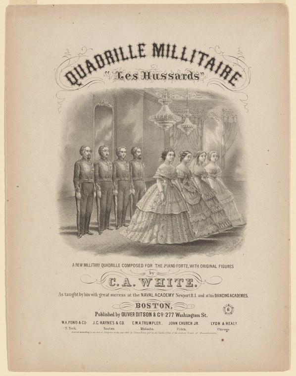 Lithographic sheet music cover showing four military officers in dress uniforms facing four women in full-skirted 1850s ball gowns in a formal quadrille