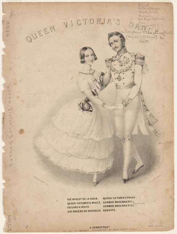 Lithographed music cover: a woman in a white ball gown and a uniformed officer stand in ballroom position, posed as if to waltz.