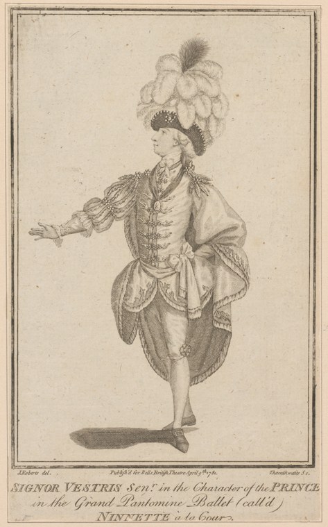 An 18th-century engraving of a male dancer in ornate court dress with plumed headdress, shown in profile with arm extended.