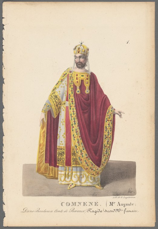 Hand-colored engraving of a woman in elaborate red and gold theatrical costume and crown, standing in formal pose.