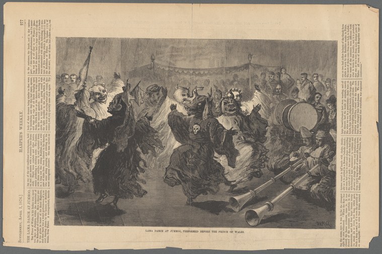 Wood engraving of a crowded festival celebration with figures in 19th-century dress dancing with arms raised, drums and pipes on the ground.