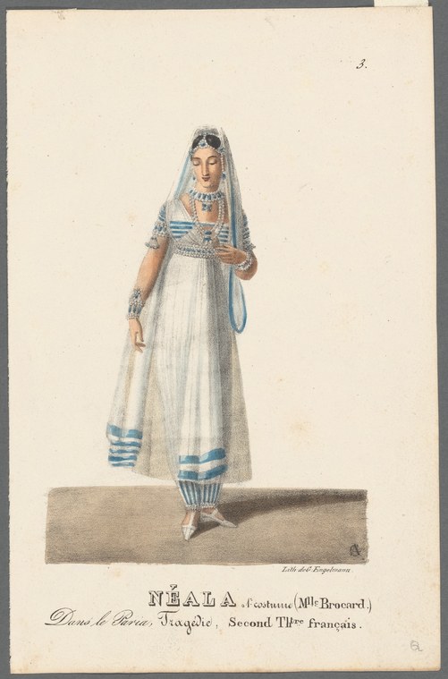 Hand-colored engraving of a woman in neoclassical white muslin dress with blue stripes, blue veil, and jewelry, standing frontally on a stage.