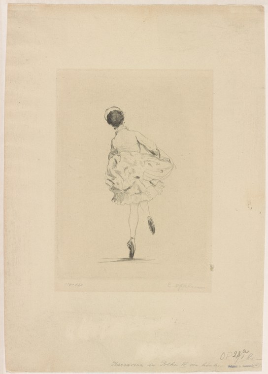 Pencil sketch of a female ballet dancer viewed from behind in a lifted pose, wearing a short ruffled skirt.