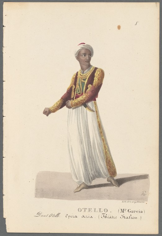 A man in early 19th-century Orientalist costume—gold-embroidered burgundy jacket and white pleated skirt—stands in formal theatrical pose with his left arm