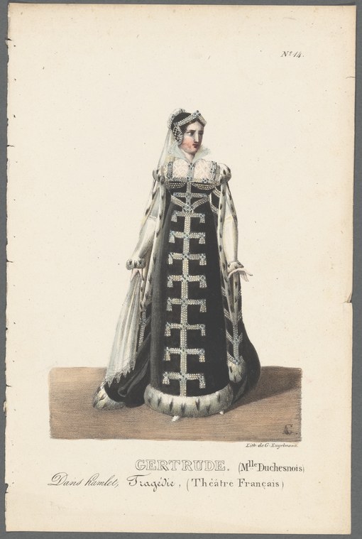 Hand-colored engraving of an actress in a dark gown with geometric white trim and white veil, standing formally for a theatrical costume portrait.