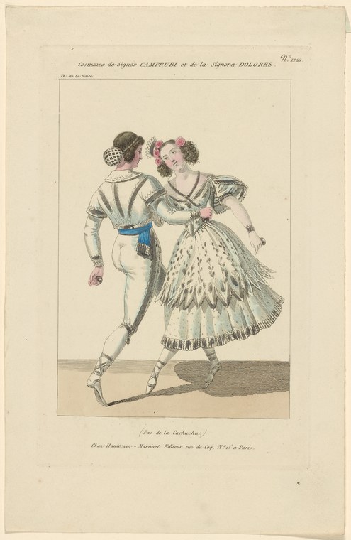 Male and female ballet dancers in close partnership; she wears a white muslin skirt, he lifts one leg in an extended pose.