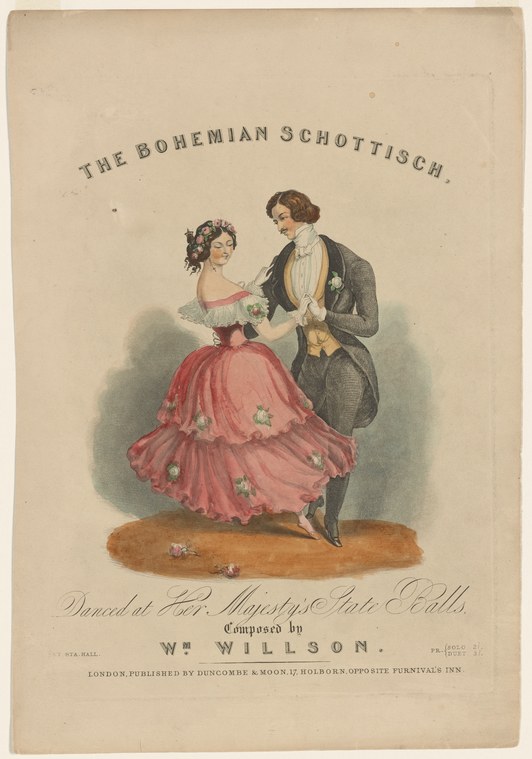 A couple in formal Victorian ballroom dress dance together on a plain background, the woman in a pink ball gown, the man in a dark tailcoat.