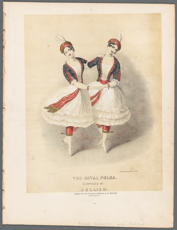 Two identically dressed women in pleated white skirts and colorful jackets leap in unison, feet high, arms raised, in a hand-colored lithographic print.