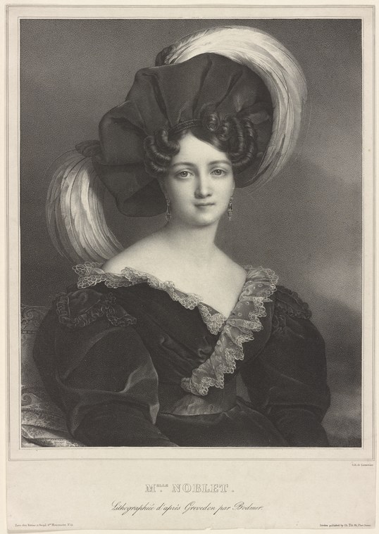 Steel engraving of Mlle. Noblet in three-quarter pose wearing a high-waisted dark velvet dress and an elaborate white feathered headdress.
