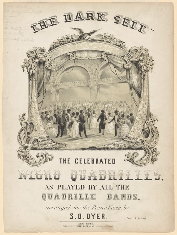 Ornate engraved title page showing formal ballroom scene with dozens of dancers in 19th-century dress beneath vaulted ceiling.