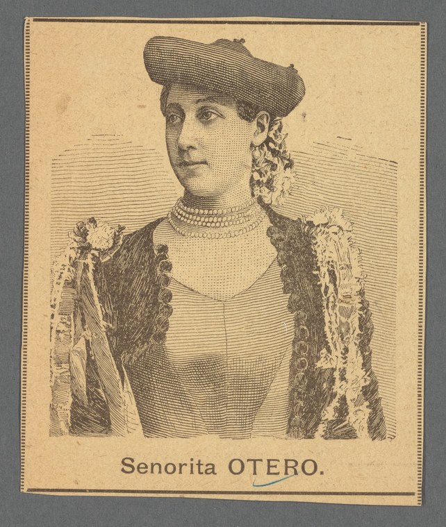 Engraved portrait of a woman in profile wearing ornate Spanish-style theatrical costume with pearls and embroidered jacket.