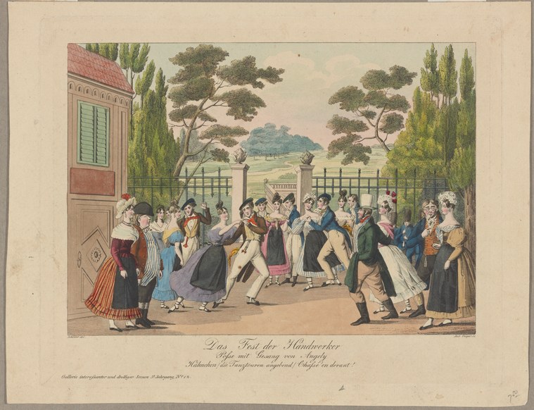 Hand-colored engraving of couples and spectators dancing in a formal garden setting with cypress trees and neoclassical gate, wearing Regency-era costume.
