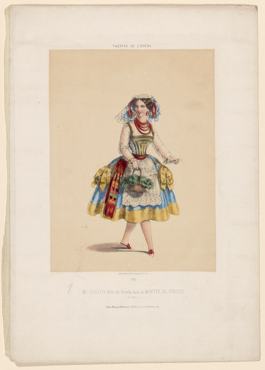 Hand-colored lithograph of a young woman in peasant costume with embroidered bodice, yellow skirt, and flowers in her hair, standing in a composed theatrical