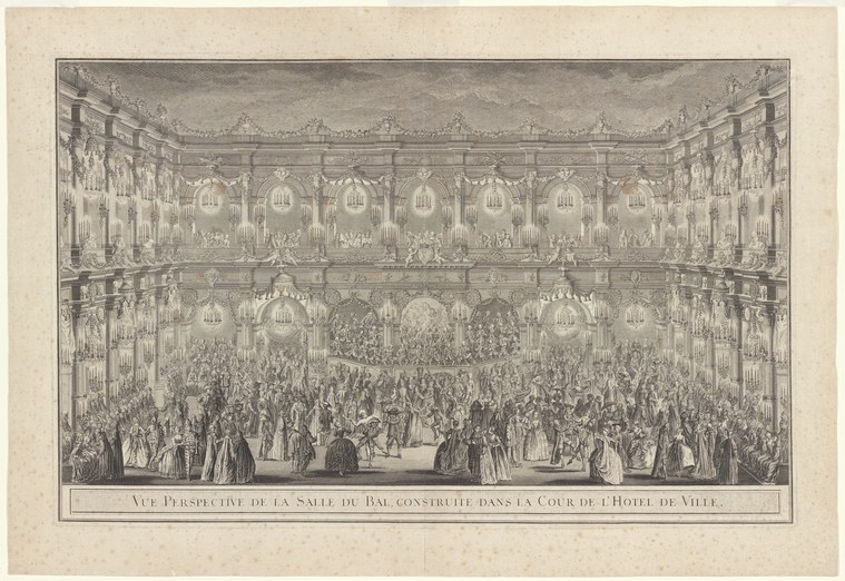Engraving of a grand ballroom filled with dancers in formal dress arranged in geometric formations, surrounded by spectators in two-tiered galleries.