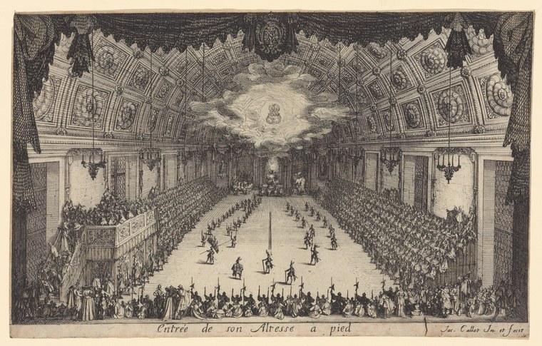 Formal court ceremony: a single-file procession advances down the center of a grand vaulted hall flanked by galleries of seated observers and crowds in the