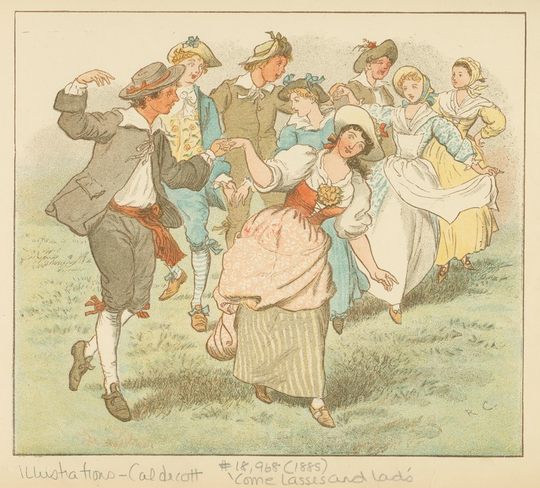 A woman in a pink dress leaps joyfully at the center of a group of villagers dancing outdoors, surrounded by men, women, and children in rustic 19th-century