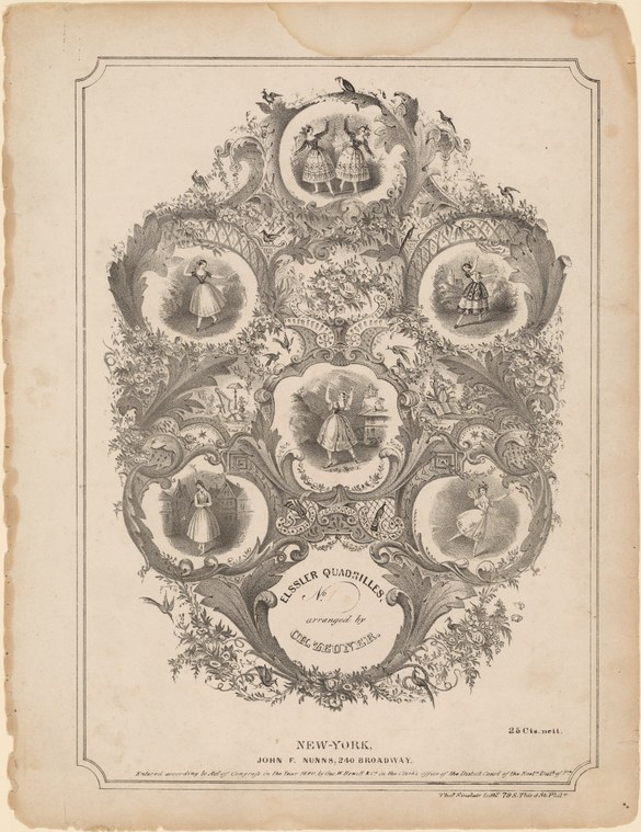 Ornate engraved title page for Elssler Quadrilles arranged by Charles Zeuner, with seven vignettes showing mid-19th-century ballroom dancers in period costume.