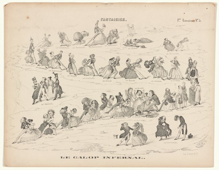 Satirical lithograph showing dozens of fashionably dressed dancers in wildly contorted, grotesque postures, falling and flailing as they attempt the galop.
