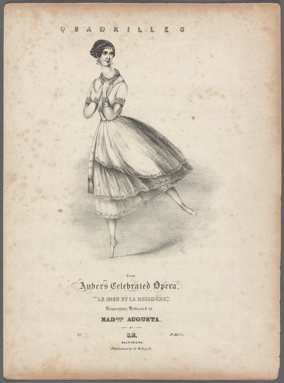 A female dancer in Romantic-era costume stands en attitude, wearing a fitted bodice and voluminous gauze skirt, in a theatrical engraving.