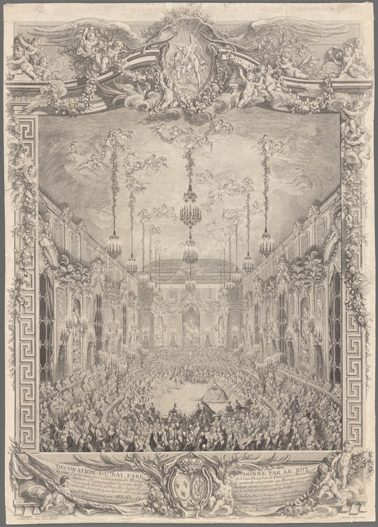 Ornate engraving of hundreds of formally dressed people dancing in a grand palace ballroom with chandeliers and gilt decoration