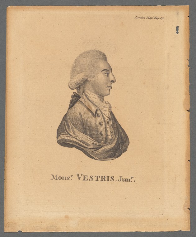 Engraved bust portrait of a man in 18th-century formal dress, facing left, labeled "Monsr. VESTRIS, Junr."