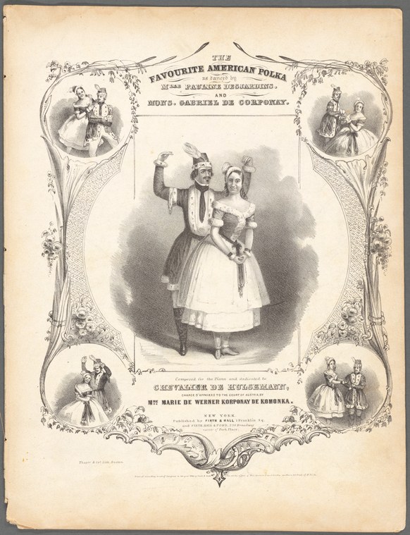 Lithograph showing a woman in a white ball gown dancing, surrounded by four scenes of couples in formal dress performing a polka.