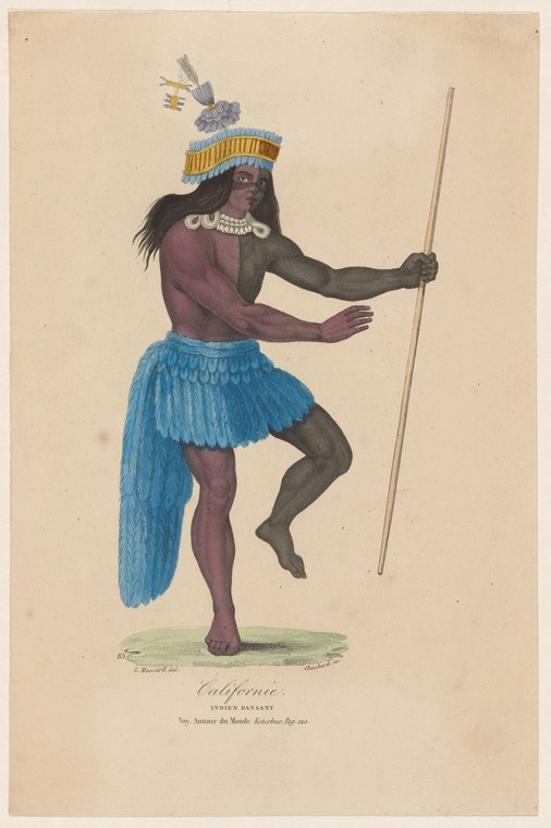 Hand-colored engraving of a bare-chested figure in a feathered turquoise skirt and golden headdress, holding a staff, standing in a relaxed pose.