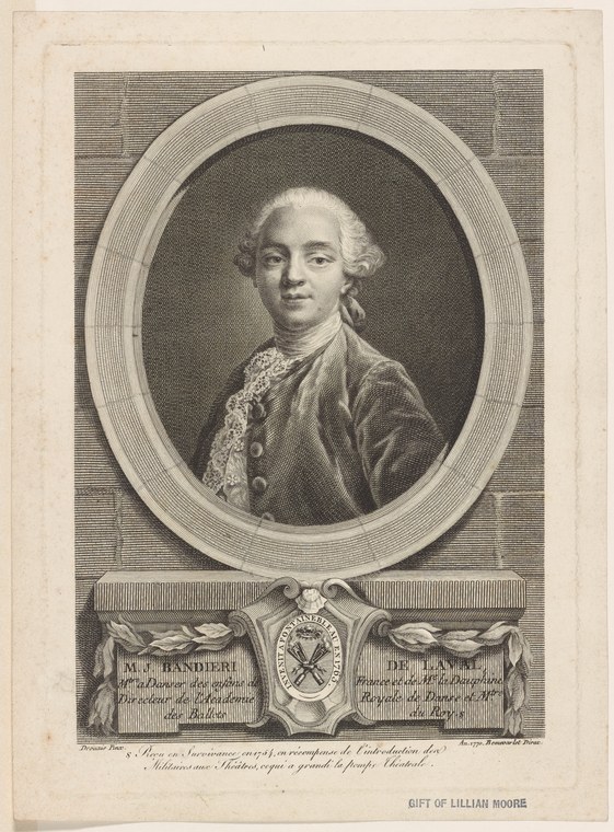 Engraved portrait of a man in 18th-century court dress with powdered hair, shown in an oval frame with a cartouche below naming him as dance master to the
