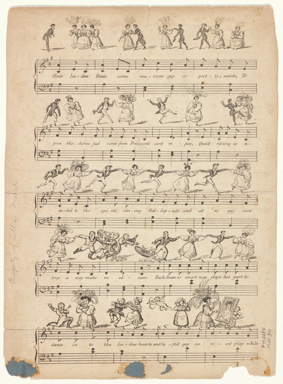 Engraved ballroom dance score with five systems of music, each topped by a frieze of figures in 18th-century dress executing paired and group dances.