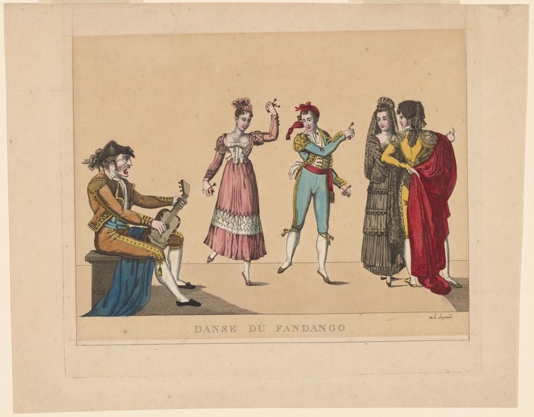 Five figures in a studio: a seated musician with a stringed instrument on the left, two dancers in the center with arms raised, and two observers in elaborate