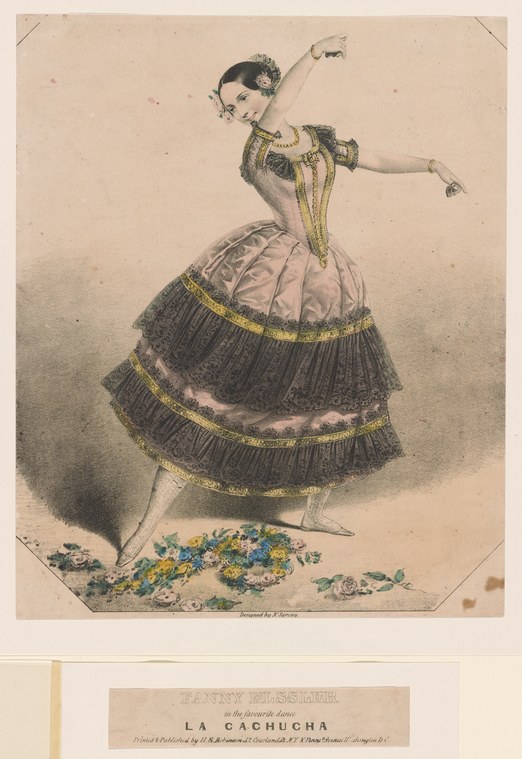 Fanny Elssler in classical ballet pose wearing a tiered white muslin dress with gold trim, in a hand-colored lithograph.