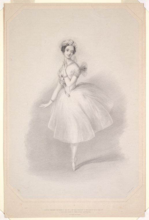 Lithograph of a young woman in a white tulle tutu and tiara, standing en attitude on one leg, arms gracefully extended.