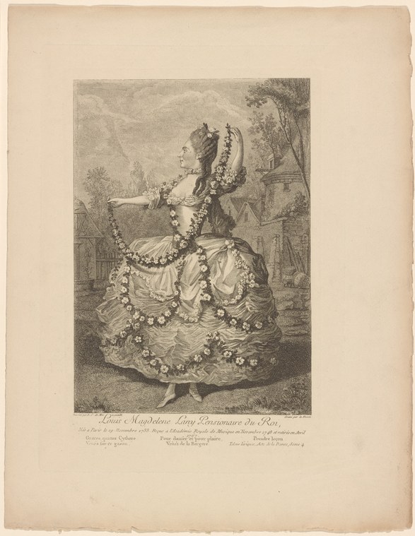 Engraved portrait of a woman in 1750s court dress with an extended arm, holding a fan, in a classical garden setting.