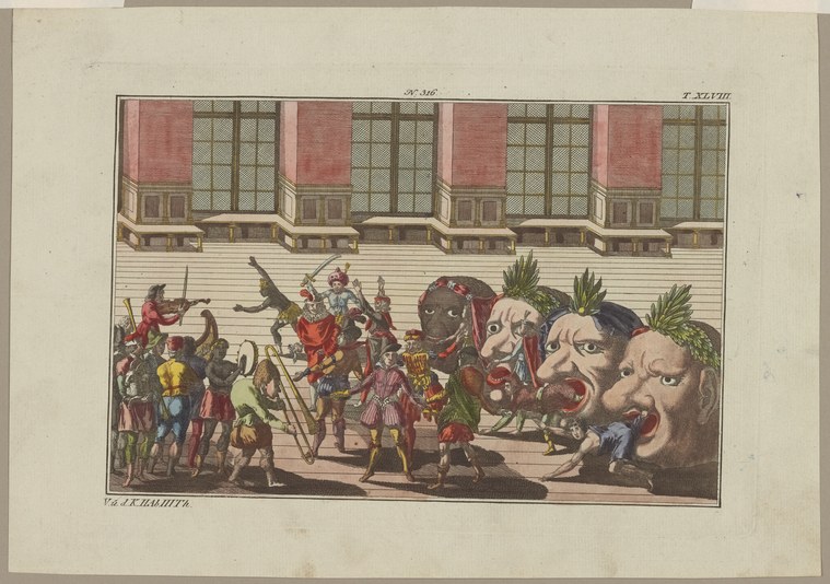 Engraving of carnival procession with three giant grotesque heads on supports, surrounded by costumed figures before a Renaissance building.