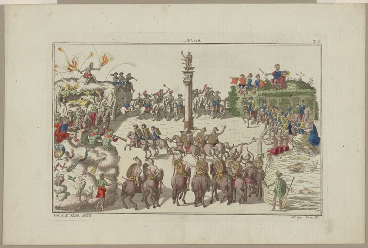 Hand-colored engraving of a crowded festival scene with mounted figures, dancers, grotesque floats, and spectators in a sprawling carnival or court pageant.