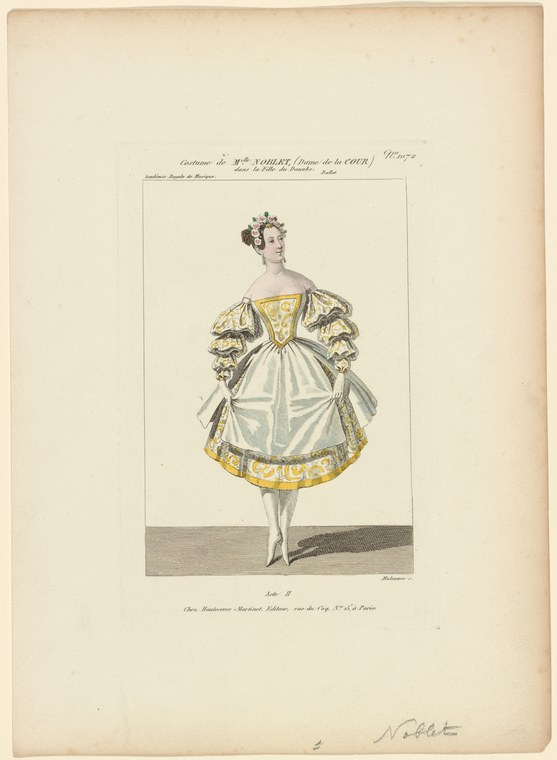 Hand-colored engraving of a woman in Romantic-era ballet costume: white gathered skirt with gold trim, puffed sleeves, fitted bodice, ornate tiara.