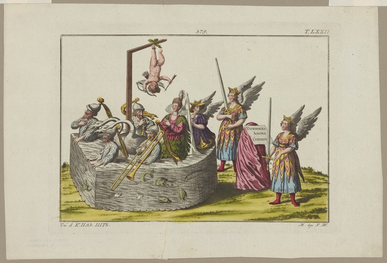 Engraving: acrobats in contorted positions inside a wooden barrel, suspended figures, winged attendants in classical dress observing.