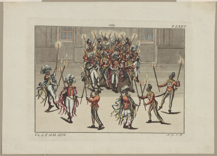 Hand-colored engraving showing figures in elaborate court dress clustered in a grand hall, surrounded by torch-bearers with raised arms holding flaming