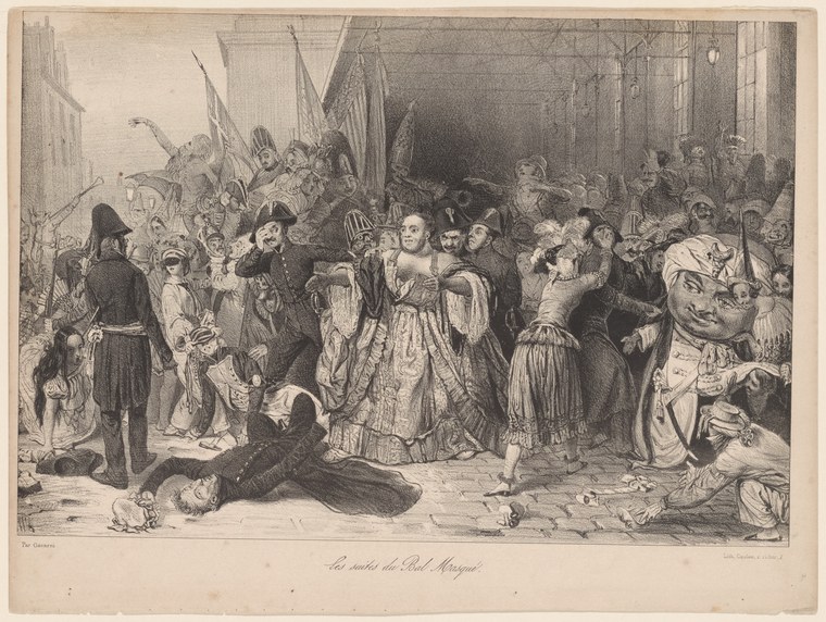 Crowded masquerade ball in 18th-century dress: masked and costumed figures converse and dance in a columned interior lit by candlelight.