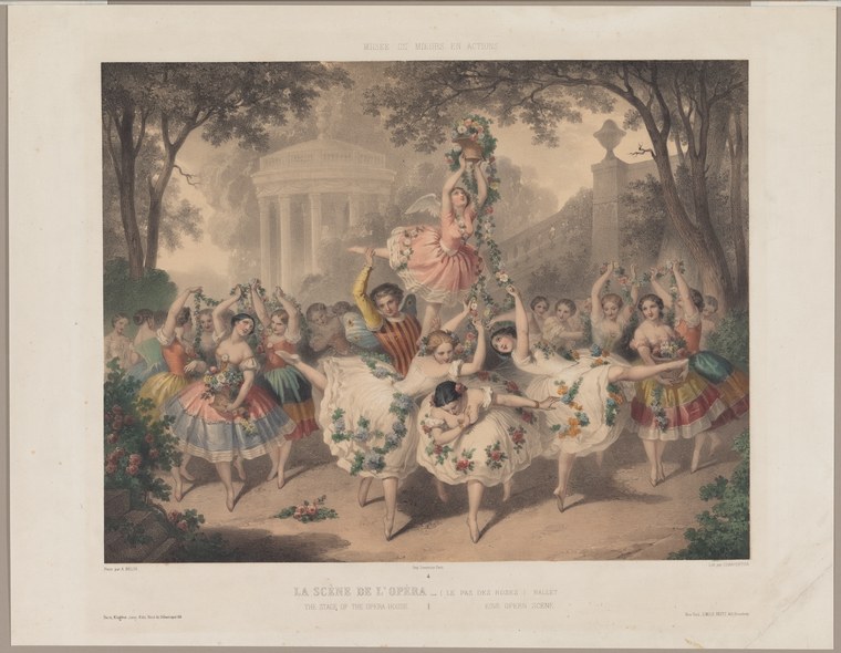A hand-colored lithograph of dancers in a garden: women in white and pastel silks, men in colored tunics, holding flower garlands, posed in formal ballet