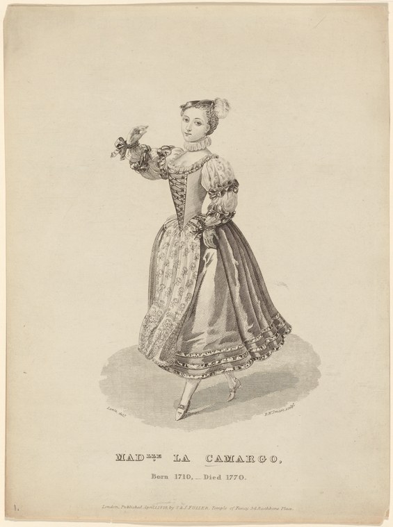Engraved portrait of Marie-Anne de Cupis de Camargo in 18th-century ballet costume, standing with one leg extended and arm raised, holding flowers.