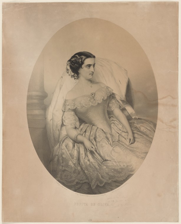 Engraved portrait of a woman in a mid-nineteenth-century ball gown, identified as Pepita de Oliva, seated and gazing to the left.