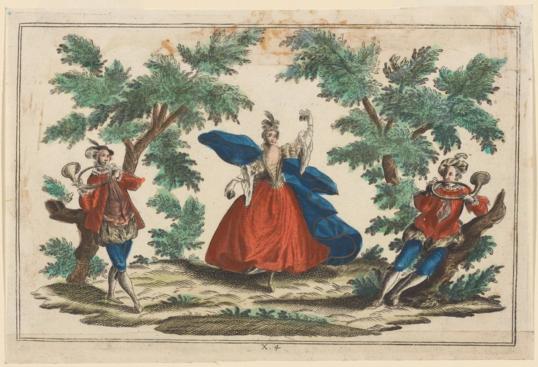 Hand-colored engraving: three figures in 18th-century dress dance in a wooded glade, a woman in red and blue at center flanked by two attentive men.