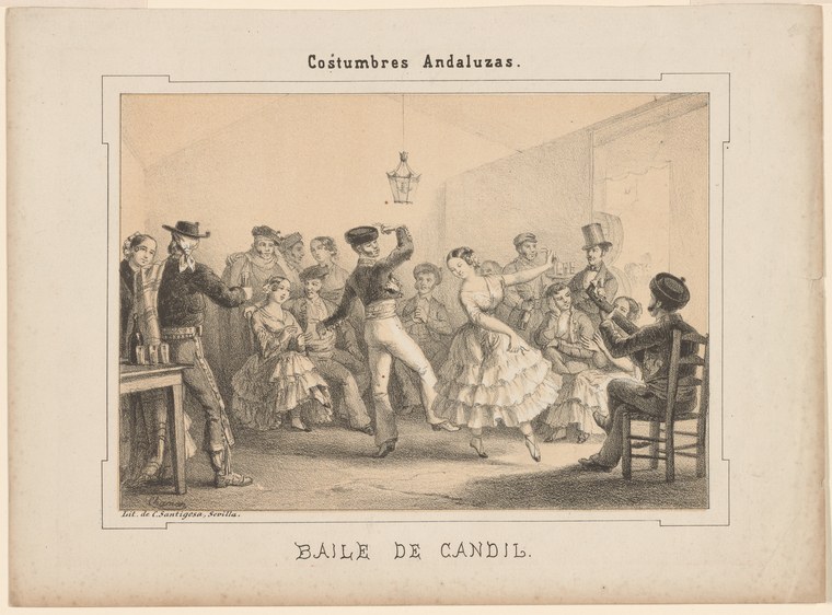 A woman in a white skirt dances with arched back and raised hip while a man in a tailcoat stands nearby; onlookers clap and watch in a modest lit room.