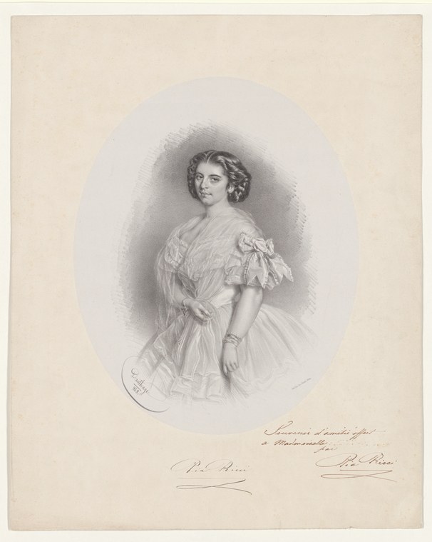 Portrait drawing of a woman in a white silk dress with puffed sleeves, standing in formal pose, early 19th century.
