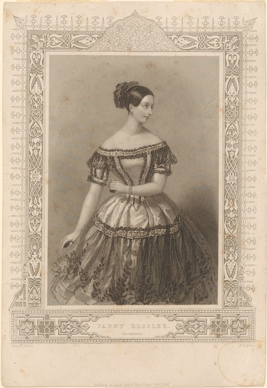 Engraved portrait of a woman in Romantic-era ballet costume: off-shoulder bodice, high-waisted gathered skirt, posed with raised arm in graceful gesture.