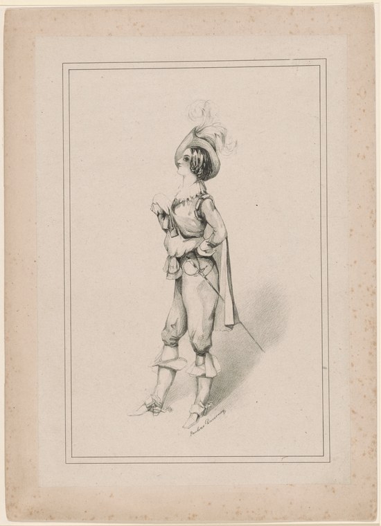Pen-and-ink drawing of a female ballet dancer in profile, wearing a Romantic-era tutu and pointe shoes, in a classical standing pose.