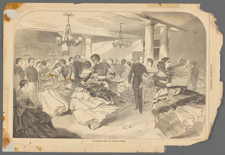 Engraving of a crowded ballroom with couples dancing and spectators in mid-nineteenth-century dress; a man and woman in dance position center with full skirt