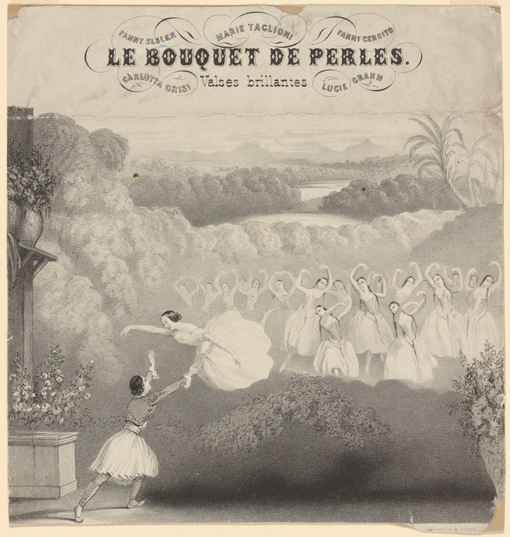 A moonlit garden scene with a female ballet dancer in an arabesque pose and a corps of dancers in white tutus standing behind her.
